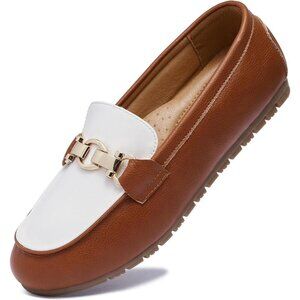 Womens Brown White Polyurethane On Comfort Chunky Heel Lug Sole Loafers Shoes
